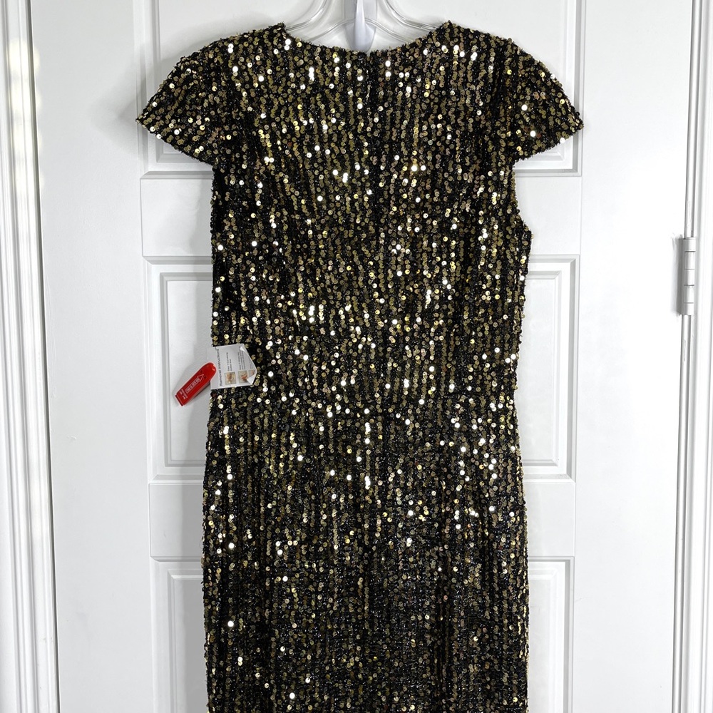 IEENA FOR MAC DUGGAL Sequined Cap Sleeve High Neck Gown NEW Size 8 Black Gold - Picture 9 of 14
